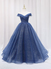 Blue Off Shoulder Long Party Dress Evening Gown, Blue Junior Prom Dress