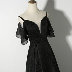 Beautiful Black Straps V-neckline Long Party Dress, Black Formal Gown