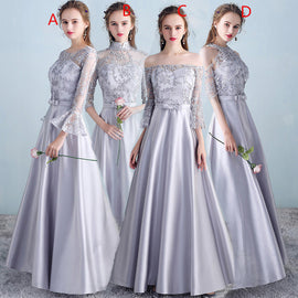 Sliver Grey Satin and Lace A-line Wedding Party Dresses, Cute Long Formal Dress Prom Dress
