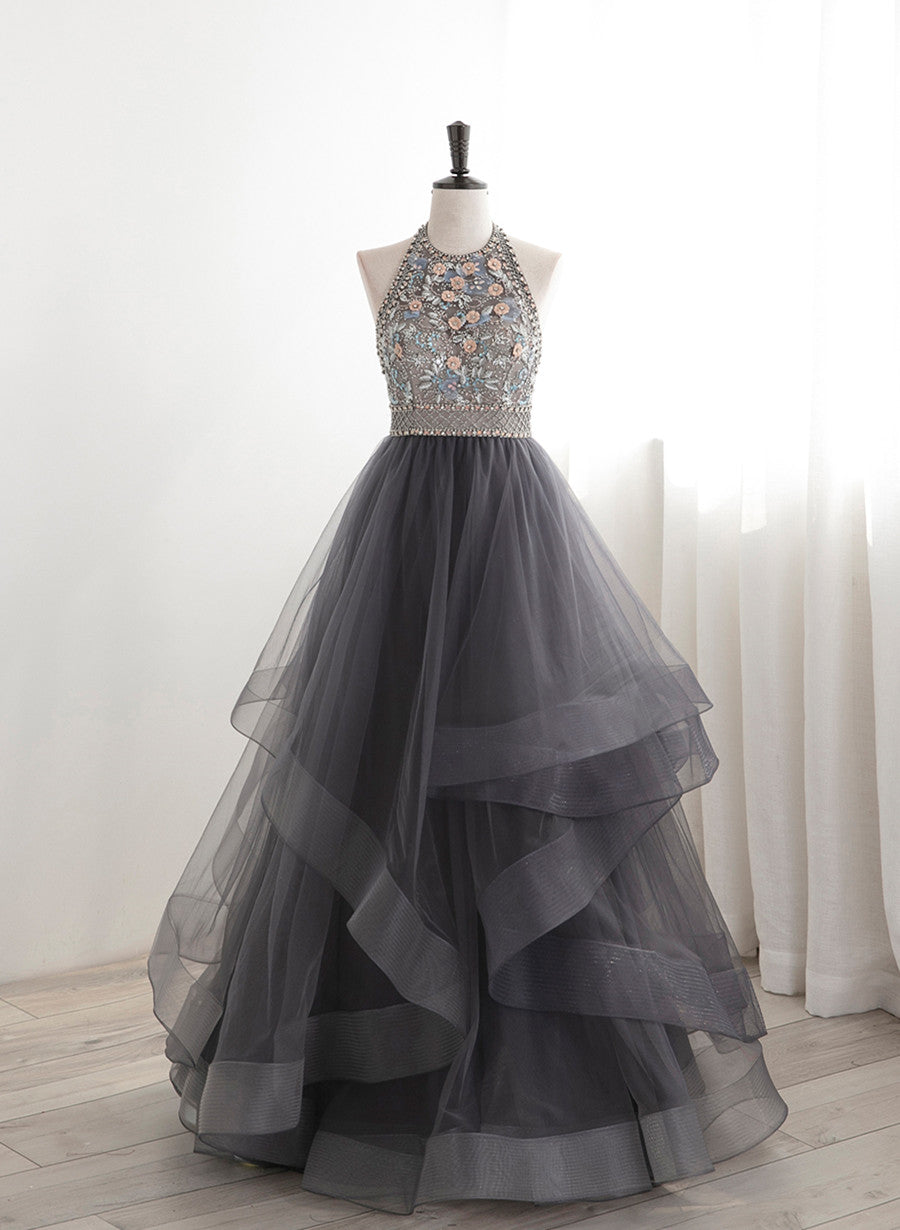 Grey Beaded Halter Backless Tulle Long Party Dress, Grey Floor Length Prom Dress