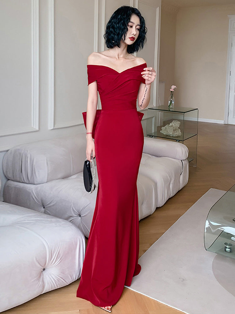 Beautiful Red Off Shoulder Mermaid Evening Dress with Bow, Red Party Dress Formal Dress