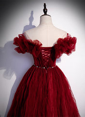 Wine Red Scoop Long Party Dress with Belt, A-line Wine Red Tulle Formal Dress