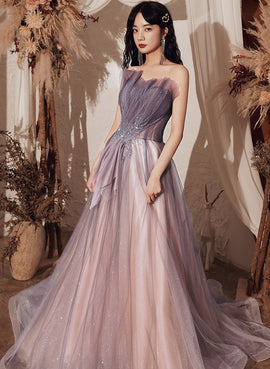 Light Purple Tulle with Beaded A-line Party Dress, Purple Tulle Long Formal Dress