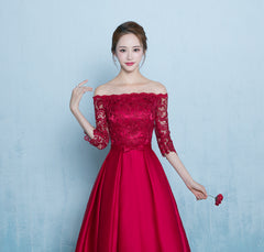 Cute Red Off Shoulder Lace and Stain Short Prom Dress, Red Bridesmaid Dress