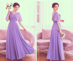 Beautiful Light Purple Chiffon V-neckline Prom Dress, A-line Floor Length Bridesmaid Dress