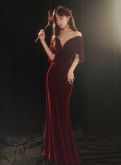 Wine Red Memaid Evening Dress Party Dress, Velvet Long Prom Dress