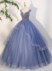 Charming Beaded Tulle Ball Gown Sweet 16 Gown, Blue Long Formal Dresses