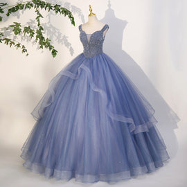 Charming Beaded Tulle Ball Gown Sweet 16 Gown, Blue Long Formal Dresses