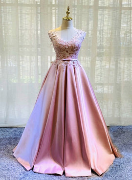 Pink Lace and Satin Floor Length Junior Prom Dress, Long Evening Dress Graduation Dress