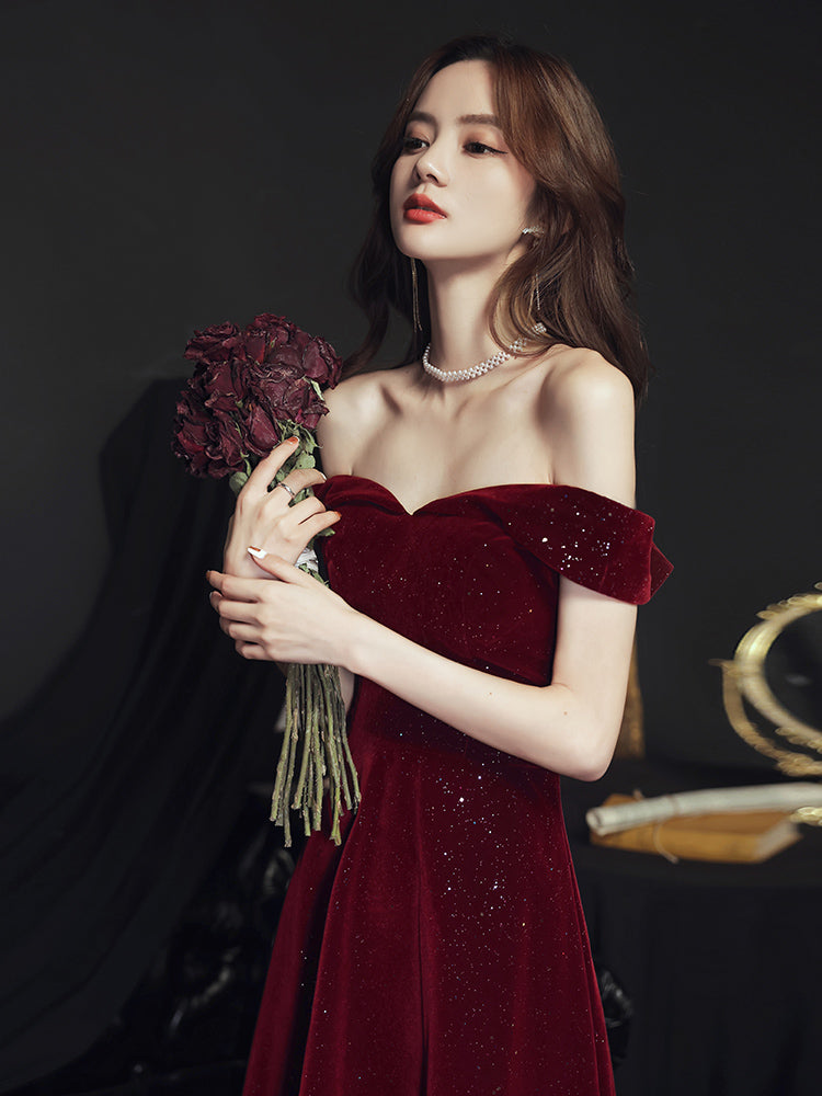 Wine Red Simple Velvet Off Shoulder Prom Dress, Wine Red Wedding Party Dress