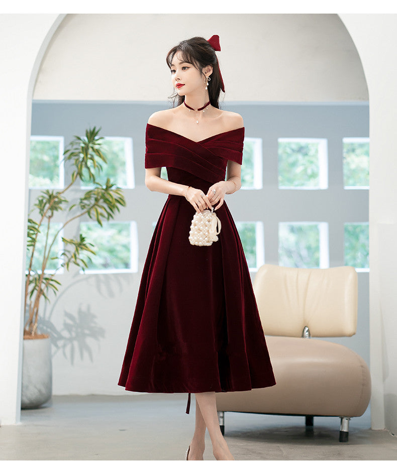 Beautiful Wine Red Velvet Bridesmaid Dress, Off Shoulder Tea Length Prom Dresses