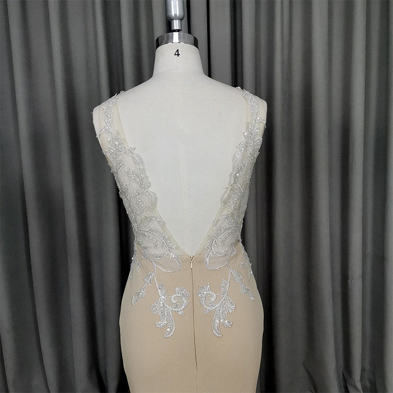 Charming Champagne Mermaid Backless Evening Gown, Lace Applique Party Dress