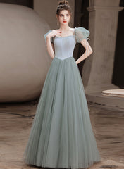 Cute Green Tulle Beaded A-line New Prom Dress, Short Sleeves Tulle Formal Dress