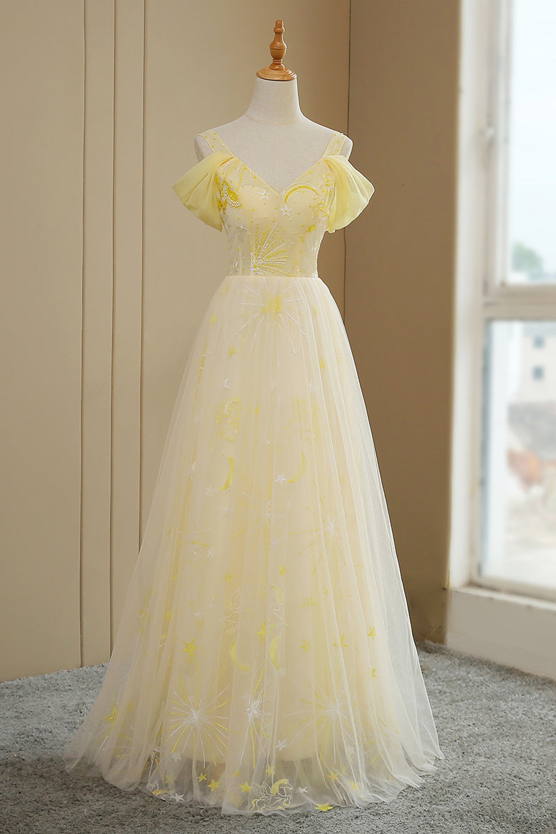 Beautiful Light Yellow Tulle Off Shoulder Evening Dress, Fashion Long Cutedressy Beautiful Light Yellow Tulle Off Shoulder Evening Dress, Fashion Long Cutedressy