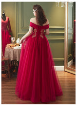 Red Plus Size Tulle Off Shoulder Long Evening Dress, Red A-line Prom Dress Formal Dress