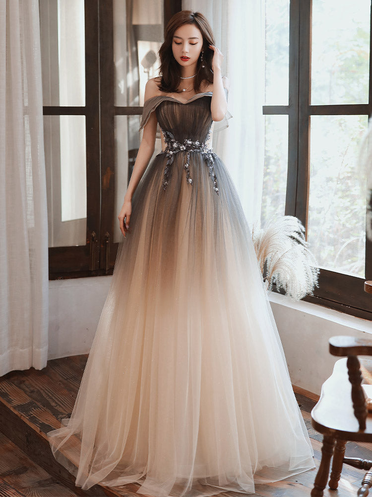 Beautiful Gradient Off Shoulder Tulle Long Party Dress, Sweetheart Prom Dress, Formal Dress