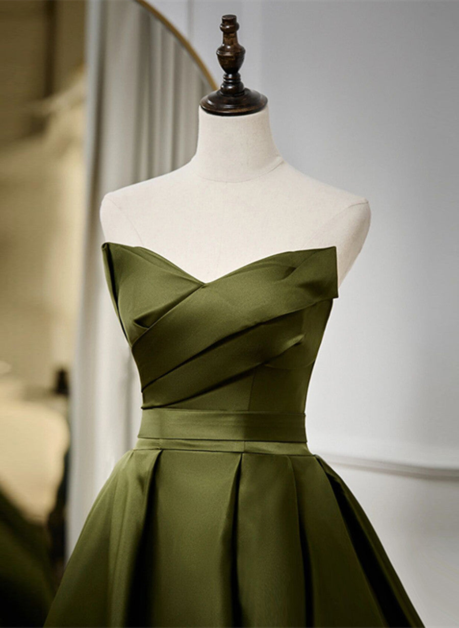 Green Satin V-neckline Lace-up Long Wedding Party Dress, Green Evening Dress