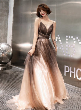 Unique Tulle V-neckline Straps A-line Gradient Party Dress, Tulle Long Evening Dress Prom Dress