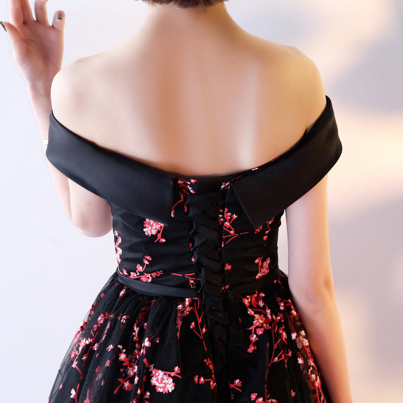 Stylish Black Off Shoulder Party Dress, Beautiful Floral Prom Dress
