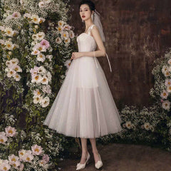 Ivory Tulle Sweetheart Straps Shiny Tea Length Party Dress, Tulle Wedding Party Dress