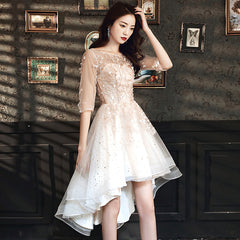 Light Champagne Lace Applique Short Sleeves High Low Party Dress, Short Homecoming Dresses