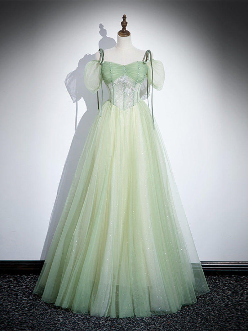 Light Green Tulle Off Shoulder Straps Party Dress, A-line Green Prom Dress
