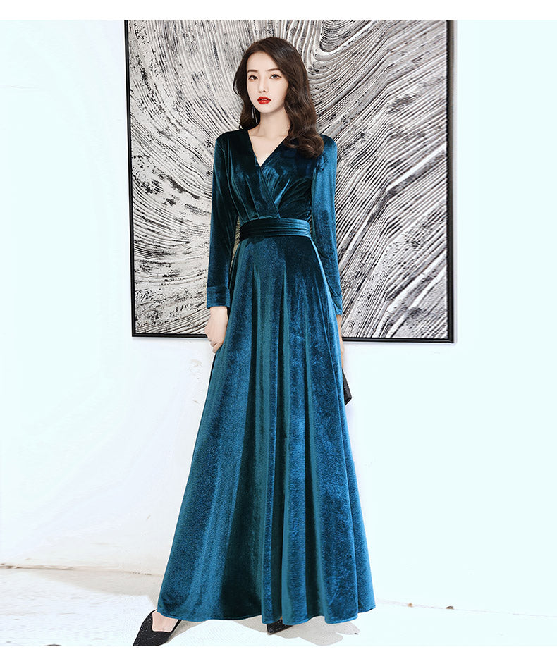 Elegant Velvet Long Sleeves V-neckline Prom Dress. Velvet Bridesmaid D Cutedressy Elegant Velvet Long Sleeves V-neckline Prom Dress. Velvet Bridesmaid D Cutedressy