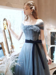 Blue Off Shoulder Tulle Long Evening Dress, A-line Tulle Party Dresses