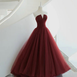 Beautiful Wine Red Tulle Long Floor Length Sweet 16 Dress, Dark Red Evening Gown