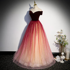 Beautiful Red Gradient Off Shoulder Velvet Long Party Dress Formal Dress, Tulle Junior Prom Dresses
