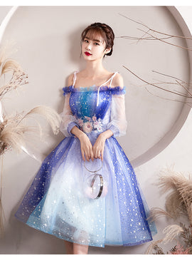 Beautiful Gradient Blue Sparkle Short Prom Dress, Off Shoulder Tulle Homecoming Dress