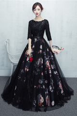 Beautiful Black Tulle and Lace Round Neckline Party Dress, Floral Prom Dress