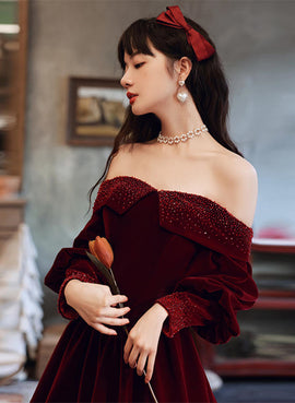 Wine Red Velvet Long Sleeves Beaded Party Dress, Sweetheart Long Prom Dress