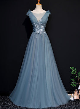 Beautiful Blue Tulle Long Party Dress, A-line Prom Dress with Lace Applique