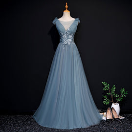 Beautiful Blue Tulle Long Party Dress, A-line Prom Dress with Lace Applique