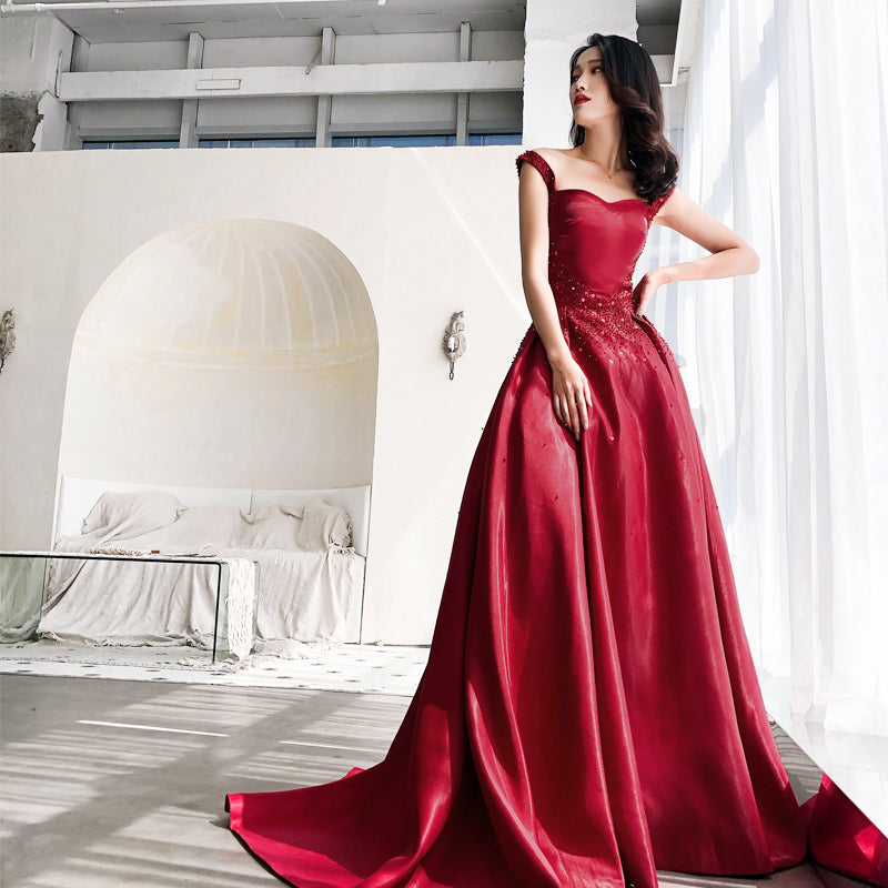 Burgundy Satin Long Sweetheart Beaded Evening Dress, Wine Red Prom Dress