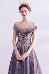 Beautiful Purple Lace and Tulle Long Evening Dress Prom Dress, A-line Tulle Formal Dress