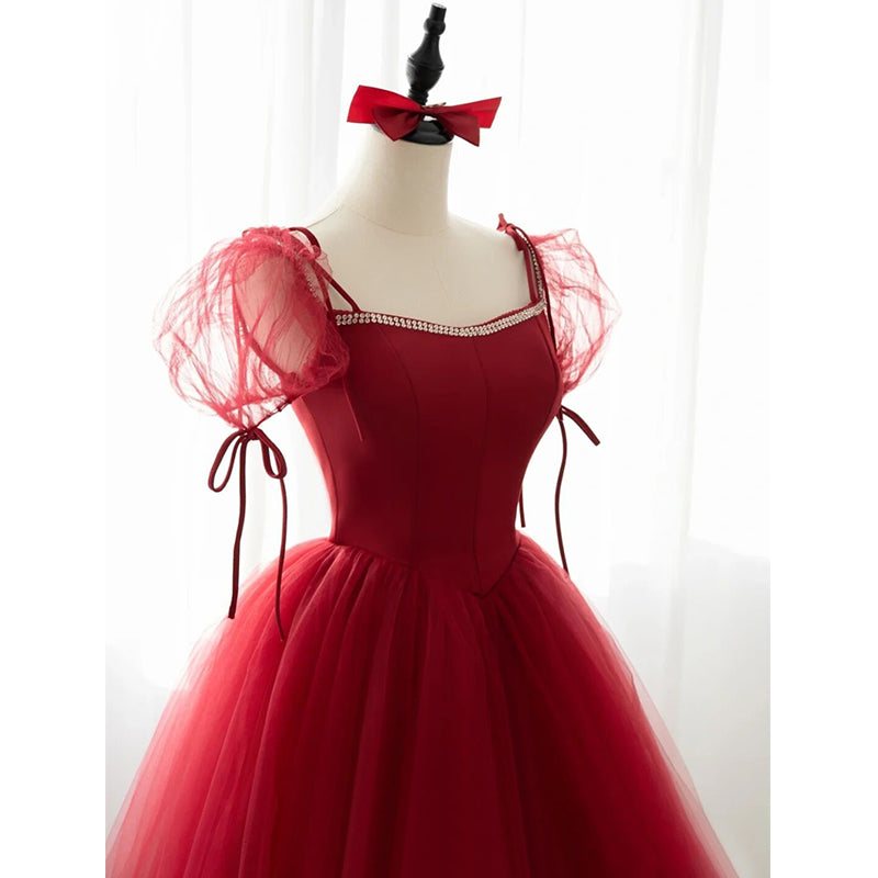 Dark Red Sweetheart Beaded Short Sleeves Prom Dress, Wine Red Evening Gown