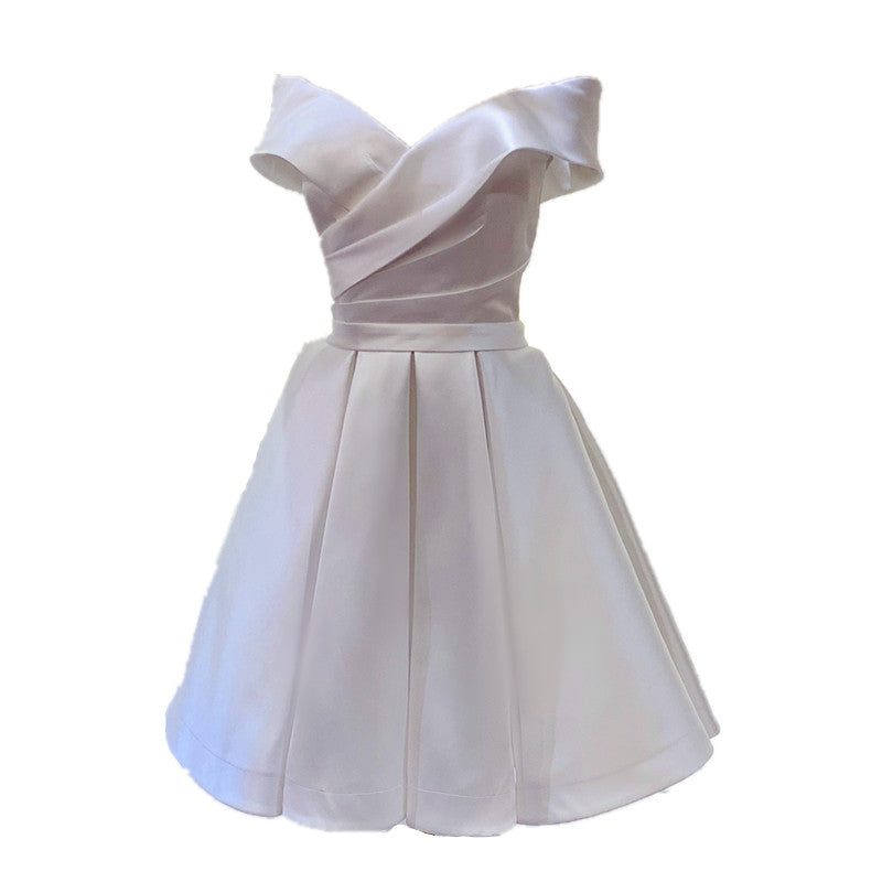 White Simple Satin Off Shoulder Knee Length Party Dress, Graduation Dr Cutedressy White Simple Satin Off Shoulder Knee Length Party Dress, Graduation Dr Cutedressy