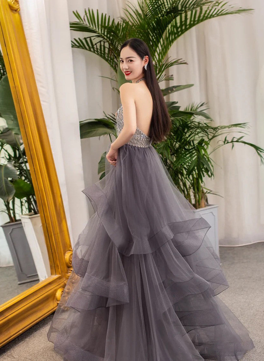 Grey Beaded Halter Backless Tulle Long Party Dress, Grey Floor Length Cutedressy Grey Beaded Halter Backless Tulle Long Party Dress, Grey Floor Length Cutedressy