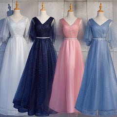 Tulle A-line Short Sleeves Long Prom Dress, Tulle Bridesmaid Dress Party Dress