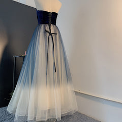 Unique Navy Blue Gradient Tulle with Velvet Top Prom Dress, Tulle Long Party Dress Formal Dress