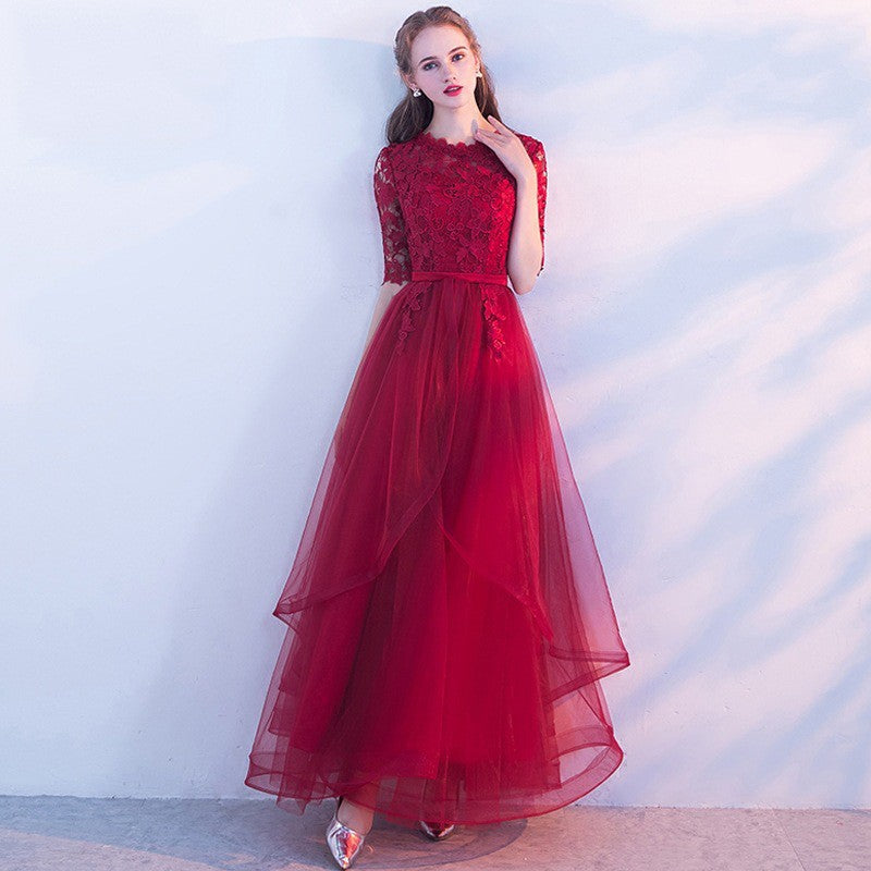 Wine Red Lace 1/2 Sleeves Tulle Long Party Dress, A-line Layers Tulle Cutedressy Wine Red Lace 1/2 Sleeves Tulle Long Party Dress, A-line Layers Tulle Cutedressy