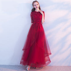 Wine Red Lace 1/2 Sleeves Tulle Long Party Dress, A-line Layers Tulle Prom Dress