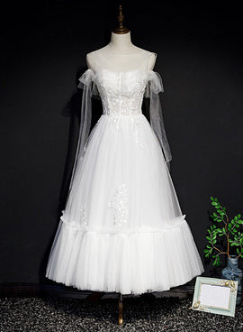 Lovely White Tulle Party Dress with Lace,White Formal Dresses