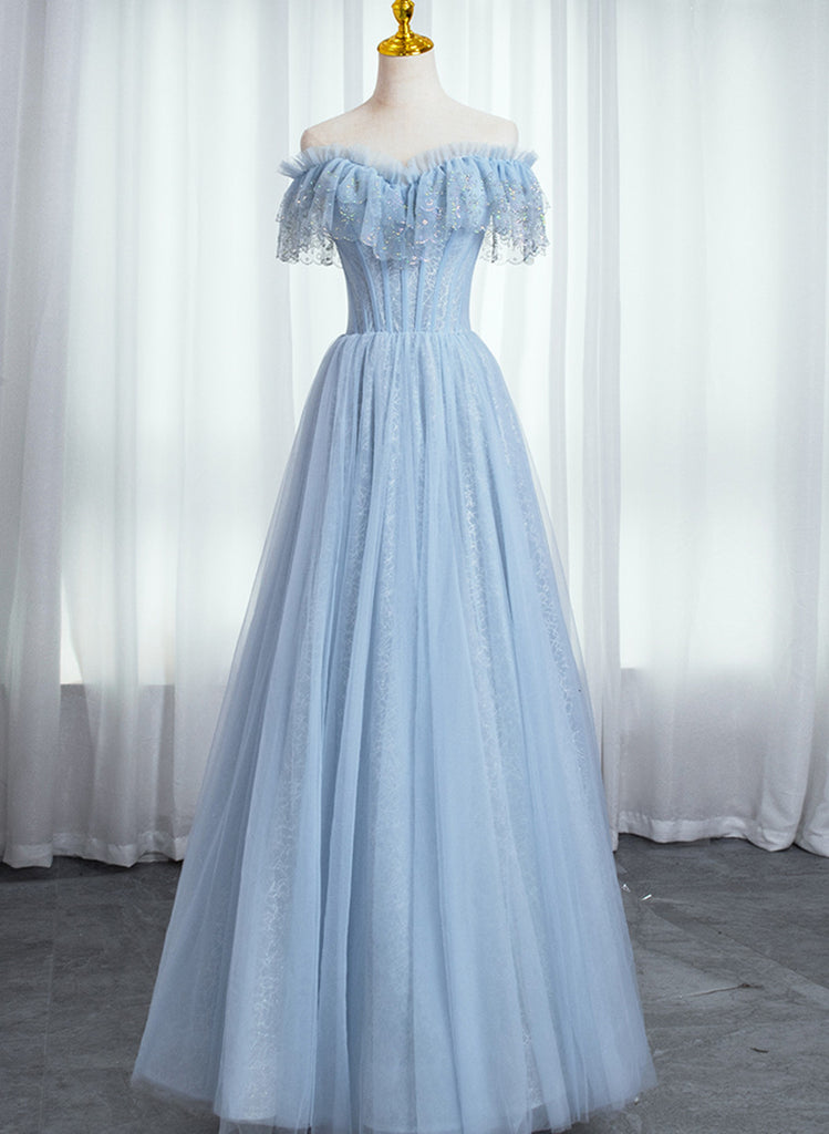 Blue Sequins Long Sleeves Beads Off The Shoulder Sweetheart Evening Dress With Long Ruffles main image 0