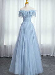 Blue Lace Sweetheart Beaded Off Shoulder Prom Dress, A-line Blue Evening Dress