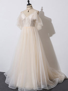 Beautiful Champagne Tulle Long A-line Party Dress, Evening Gown