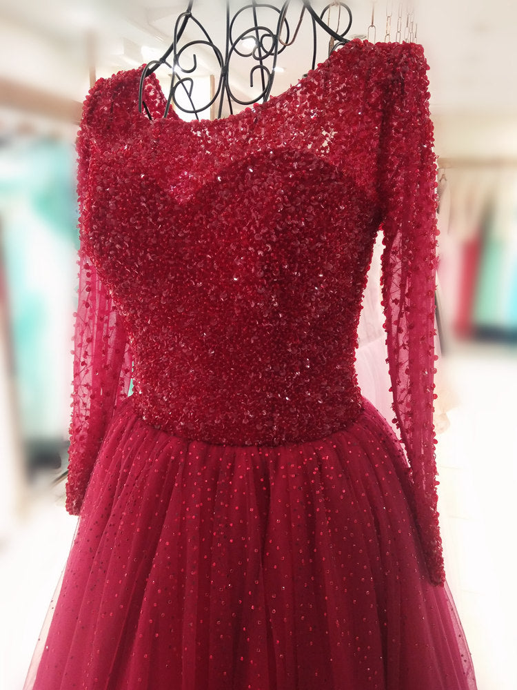 Gorgeous Wine Red Tulle Beaded Long Sleeves Prom Gown, Sweet 16 Dresses