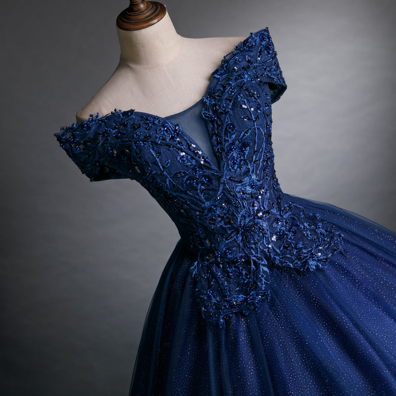 Glam Navy Blue Sweet 16 Formal Gown with Lace, Blue Prom Dress Party D